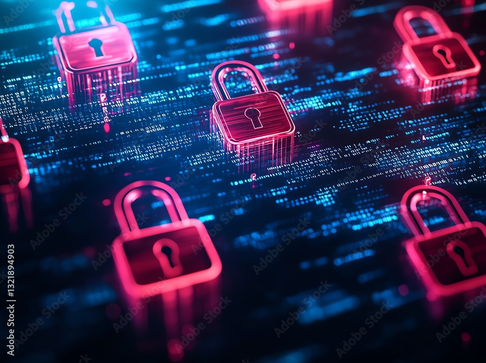 Aufkleber a futuristic digital landscape featuring glowing pink locks symbolizing data security and encryption