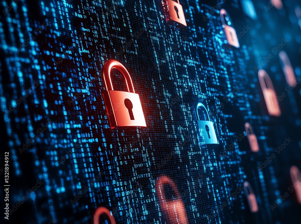 Aufkleber this image showcases a digital security concept with a network of locks over a blue binary backgroun