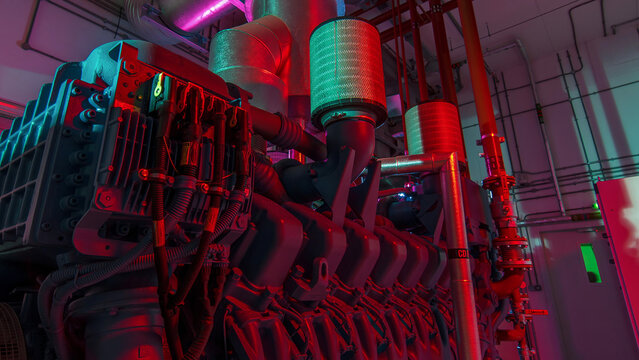 Diesel electric generator in power supply room of data center timelapse hyperlapse