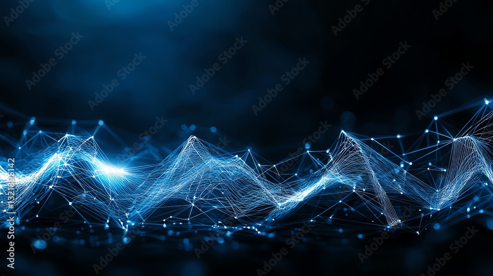 Poster a captivating digital wave design showcasing interconnected lines and nodes in a harmonious blue col