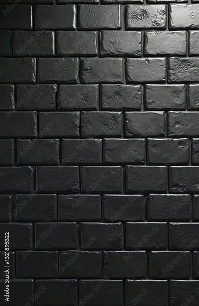 Poster Black brick building wall background with interior of modern loft. Tile square pattern, rough structure, aged surface. Urban vintage material, grunge design. Stone wall construction, architecture