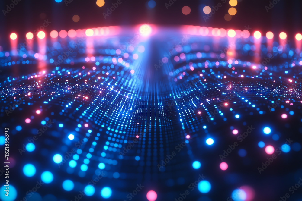 Poster a vibrant digital landscape showcasing colorful lights and patterns that evoke a sense of innovation