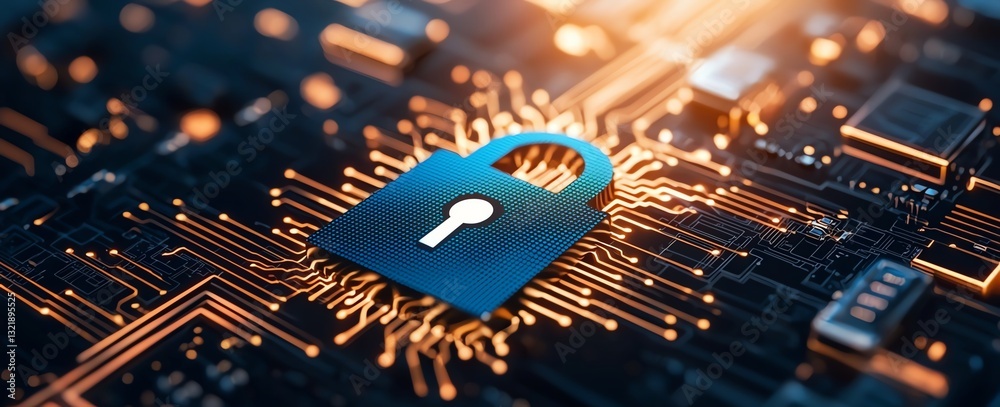 Poster a captivating close-up of a digital padlock symbolizing security and encryption on a circuit board. 