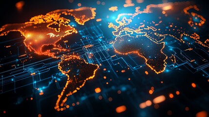 Obraz premium A vibrant illustration of the world map illuminated with glowing connections and data streams, representing the future of global communication and technology advancements.