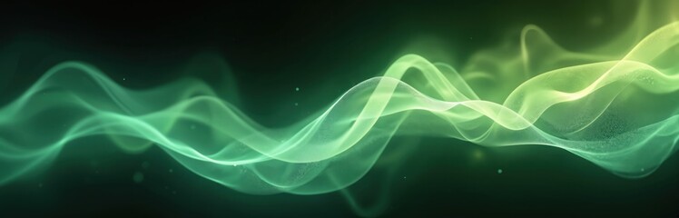 Fototapeta premium Abstract waves of green light flow against black background. Futuristic design element renewable, sustainable energy, environmental protection. Modern banner tech template presents eco innovation