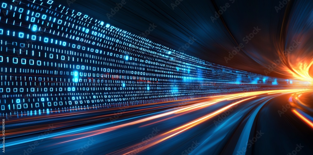 Poster a vibrant digital tunnel featuring glowing binary codes, symbolizing the fast-paced world of technol