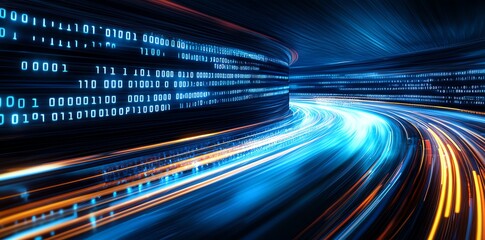 A dynamic representation of digital data flow, featuring vibrant light trails and binary code
