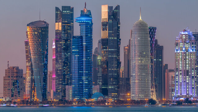 Doha downtown skyline day to night timelapse, Qatar, Middle East