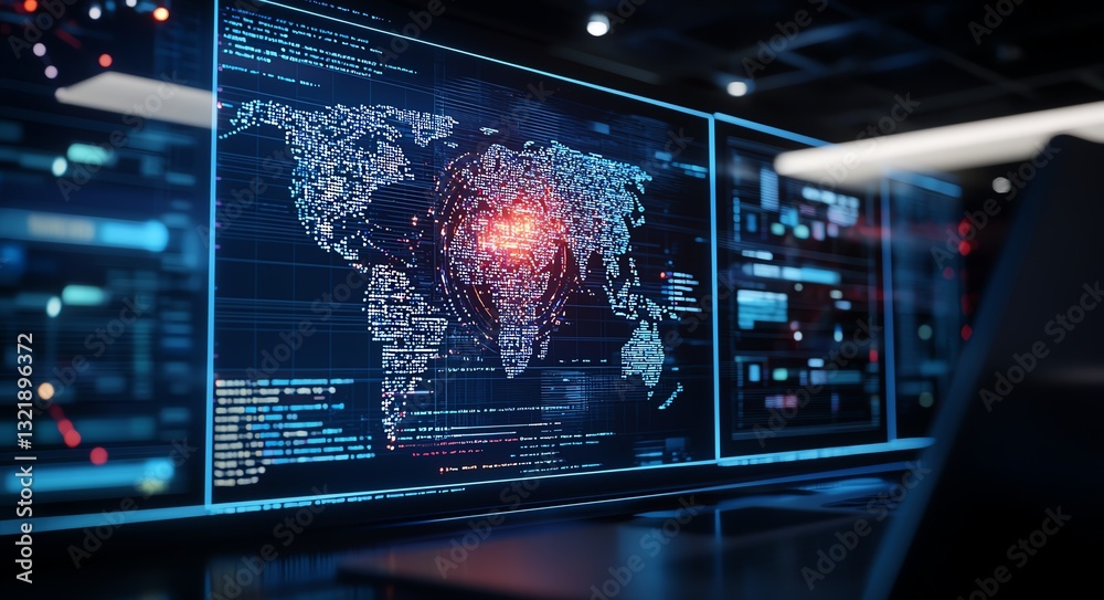 Aufkleber a high-tech digital interface displaying a world map with intricate data visualizations, highlightin