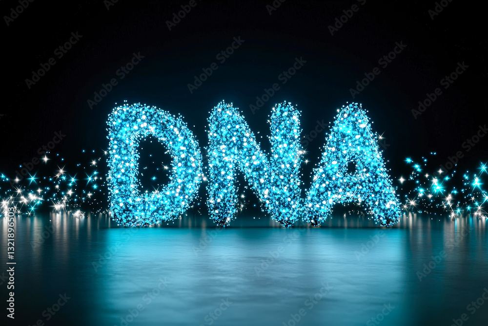 Poster sparkling blue dna letters illuminated against a dark background with shimmering effects
