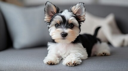 Adorable Puppy with Fluffy Ears Relaxing on a Couch in a Cozy Living Room Setting