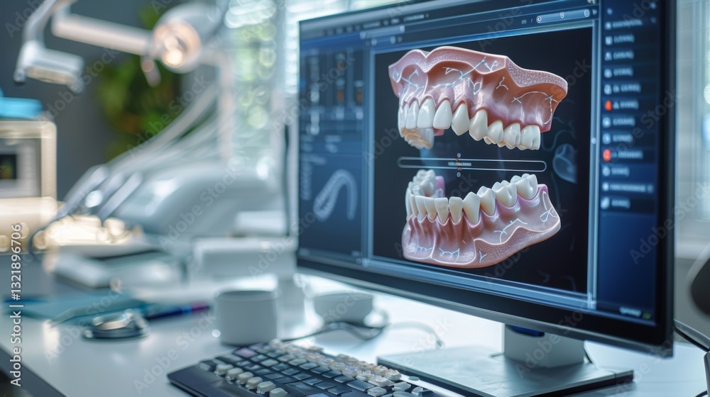 Poster Advanced digital dental models displayed on a computer screen illustrate tooth anatomy and placement. A clinical setting enhances the focus on dental health and technology.