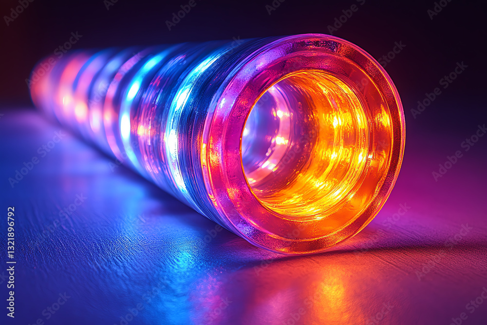 Poster a vibrant display of glowing led lights illuminating a transparent tube with colorful reflections, c