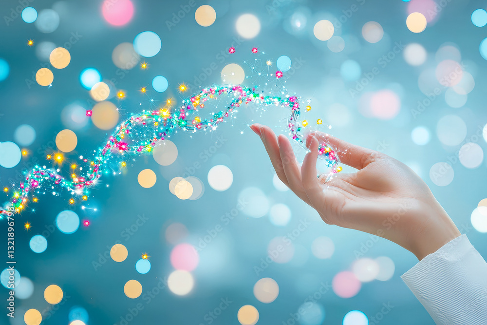 Poster creative hand gesture producing sparkling light against a blurred background, creating a whimsical a