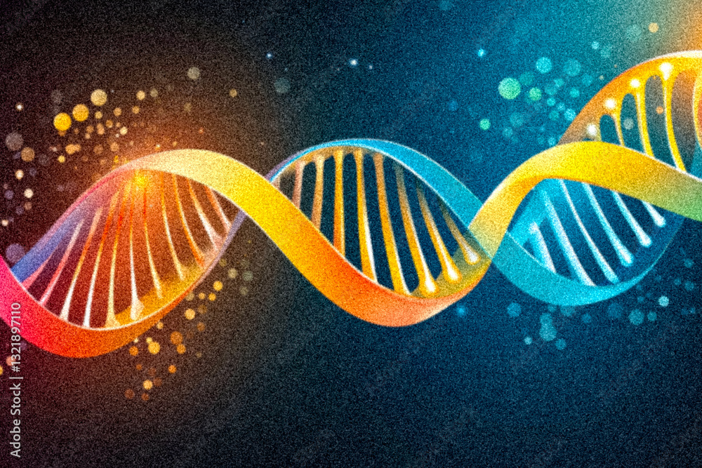 Poster colorful dna double helix structure illuminated with vibrant lights on a dark background
