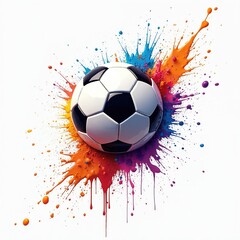 Fototapeta premium Soccer ball graphic with vibrant paint splash background. Isolated on white. Football match fun, player success. League game design. Illustration, sport, champion, goal, championship, play, winner