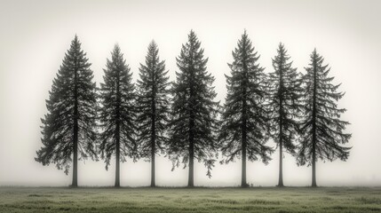 Fototapeta premium Seven Dark Evergreen Trees in Foggy Field