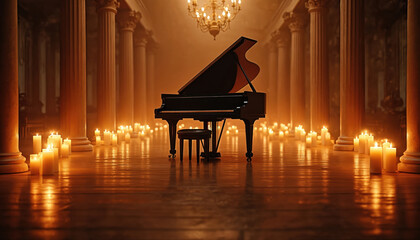Grand piano stands in dimly lit hall, candles enhance enchanting ambiance for musical evening. Dramatic interior view with column architecture, soft warm light glow. Classic tradition, intimate