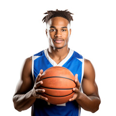 One young African man, professional basketball player with ball in front of him isolated on white or transparent png background. 

