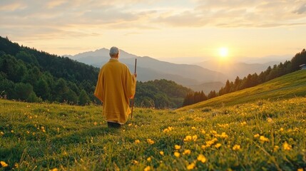 Fototapeta premium Man in Yellow Robe Contemplates Sunrise Over Mountain Valley