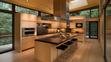 Modern Light Wood Kitchen with Dark Countertops and Forest View