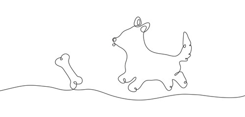 Silhouette of a corgi dog in the style of drawing a continuous line. A puppy runs after a bone, horizontal minimalistic banner. Vector illustration for advertising a dog school, veterinary, pet food.