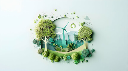 Green Paper Cut Landscape with Renewable Energy Wind Turbine and Lush Trees in Circular Frame on Light Background Promoting Environmental