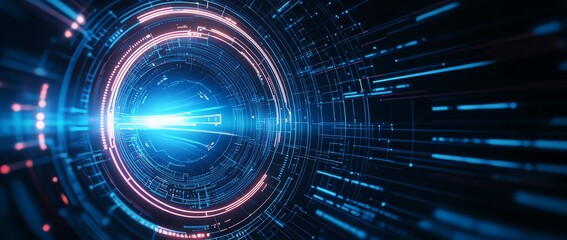 A futuristic blue light emanates from a circular core, surrounded by radiant swirling lines