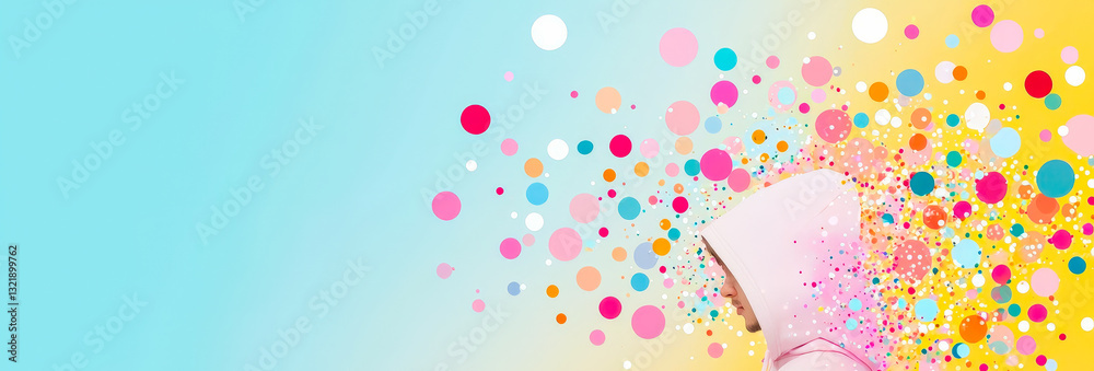 Poster Bright explosion of colorful dots and patterns on a soft background with a hooded figure creating a whimsical atmosphere