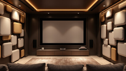 High-end home theater with acoustic foam on walls and high-definition projector screen, featuring comfortable seating and modern design elements.