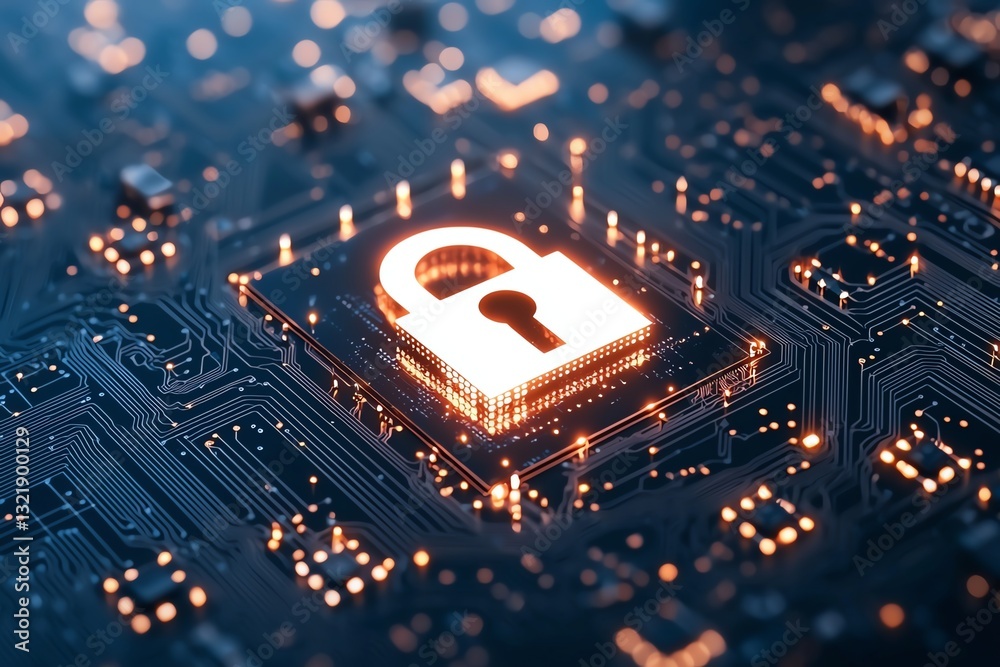 Poster a close-up view of a digital padlock symbolizing cybersecurity, set against a circuit board backgrou