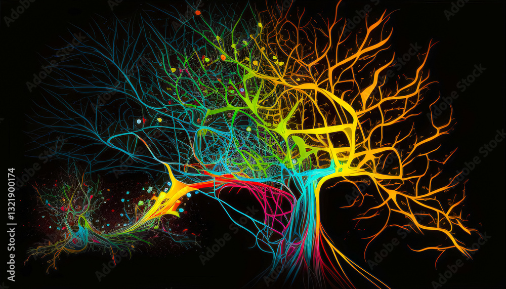 Poster vibrant neural network illustration showcasing colorful branching pathways and connections