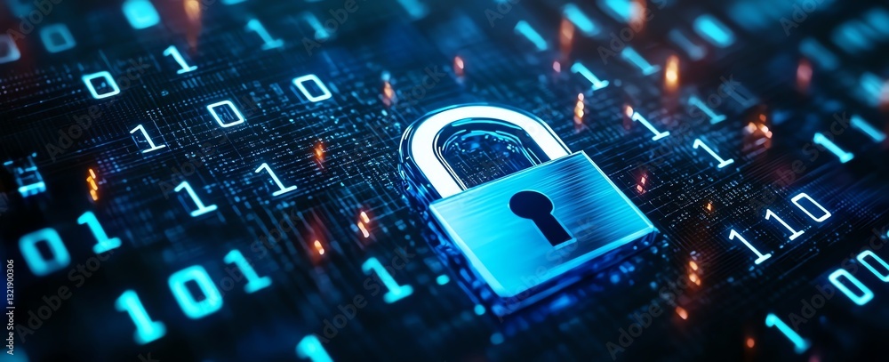 Poster a digital lock symbolizes cybersecurity amidst a backdrop of binary code, representing data protecti