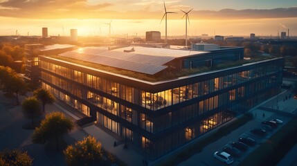 Modern Sustainable Office Building at Sunset Aerial View