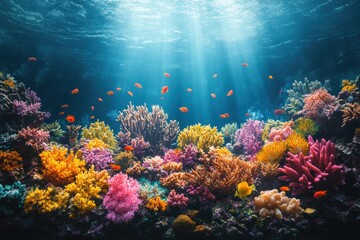 Fototapeta premium A vibrant underwater scene showcasing a colorful coral reef teeming with diverse marine life, illuminated by sunlight filtering through the water.