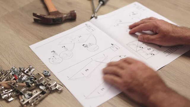 Carpenter's hands carefully examining assembly instructions for a piece of furniture, with tools and hardware placed nearby on a wooden table