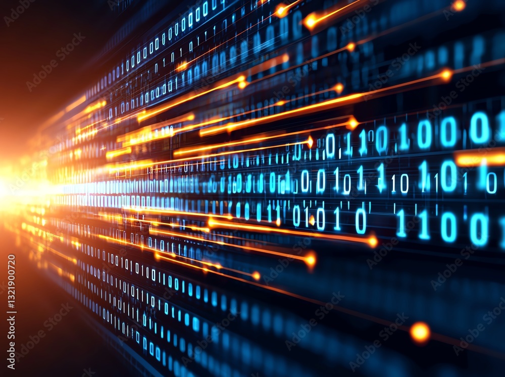 Poster this dynamic image illustrates the concept of data streaming, showcasing binary code with a burst of