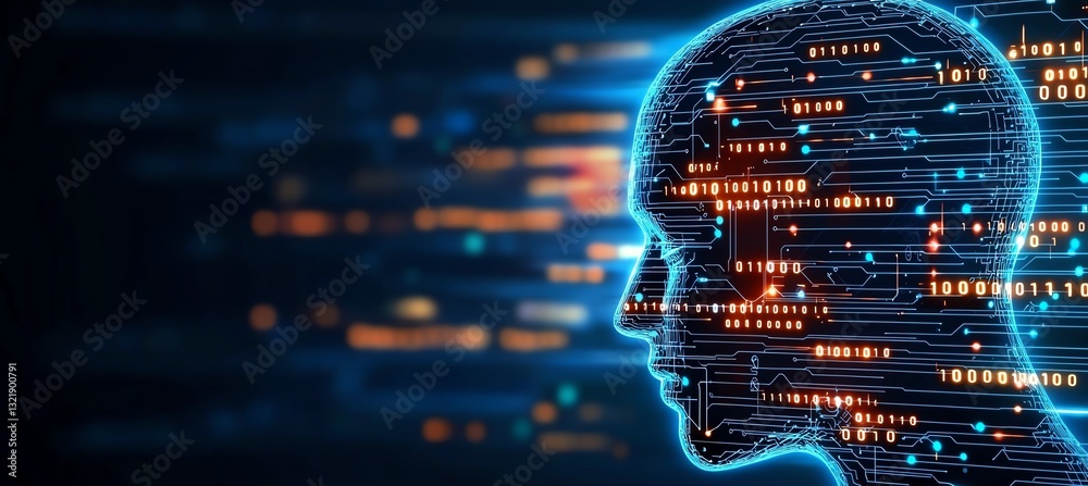 Poster a digital representation of a human head filled with glowing binary code. this image symbolizes arti
