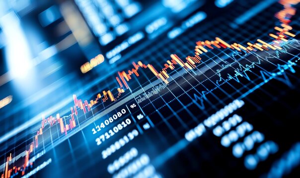 A close-up view of a digital stock market graph showing fluctuating trends and data analysis. Vibrant colors depict growth and decline in financial investments.