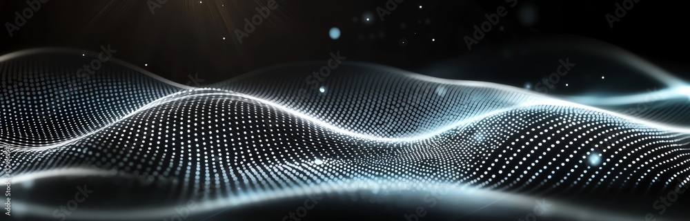 Poster A mesmerizing visual of waves created by digital particles, showcasing dynamic motion with a futuristic touch in a sleek black background, perfect for tech-themed projects.
