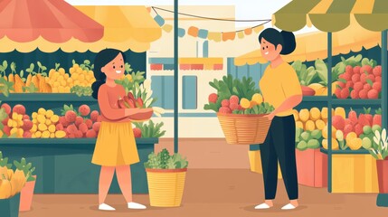A mother and daughter shopping for fresh fruits and vegetables at an outdoor market.