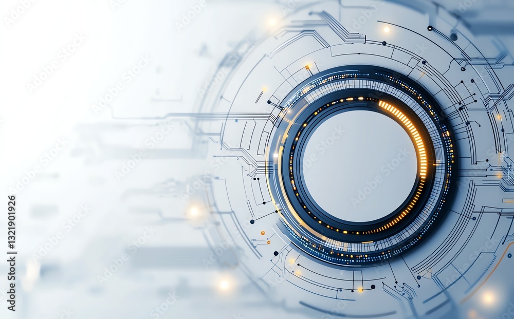 Poster futuristic technology background featuring abstract circular patterns and intricate circuit designs.