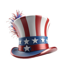  fourth of July hat or patriotic american flag top hat isolated on white, transparent background png , 3D rendering
