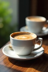 Small cup of coffee with a piece of sponge cake, side view, still life, top view, cup