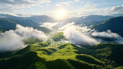 Obraz premium Majestic Sunrise Over Lush Green Terraced Rice Fields and Mountain Landscape in Scenic Nature Setting