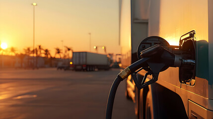 Refueling a Semi-Truck at Sunset in a Truck Stop Parking Area During Golden Hour