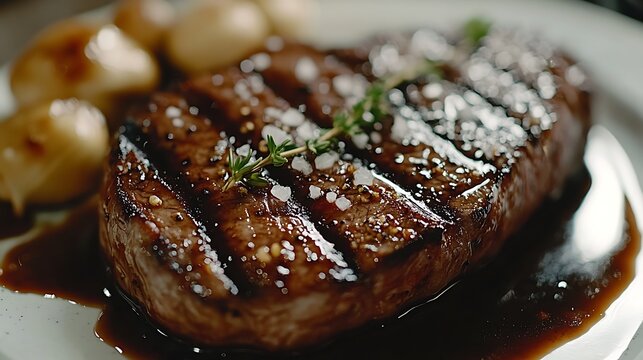 A close-up of a New York strip steak, grilled to perfection with bold sear marks, plated with whole roasted garlic and a swirl of balsamic glaze.