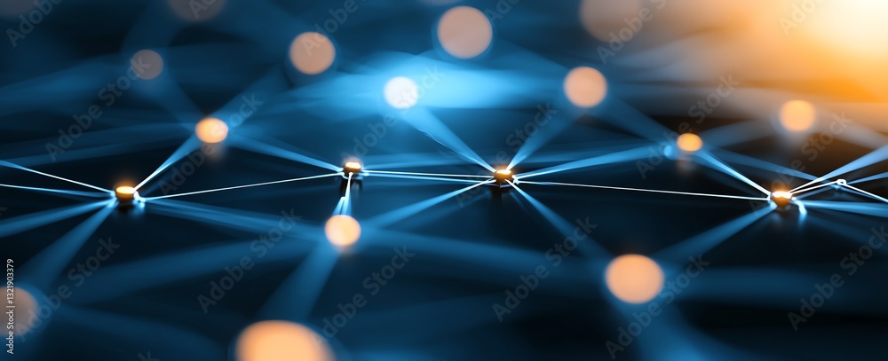 Poster an abstract representation of a digital network, showcasing interconnected nodes and luminous points