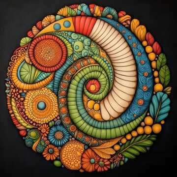 Circular Abstract Artwork with Swirling Patterns and Intricate Details