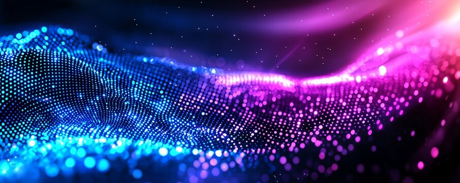 This abstract image showcases vibrant waves of color, blending shades of blue and pink, creating a mesmerizing digital landscape